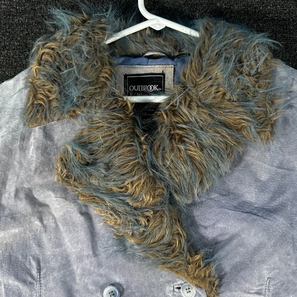 Outbrook Suede Jacket Woman 3X Blue Good Faux Fur Collar Double Breasted Belted